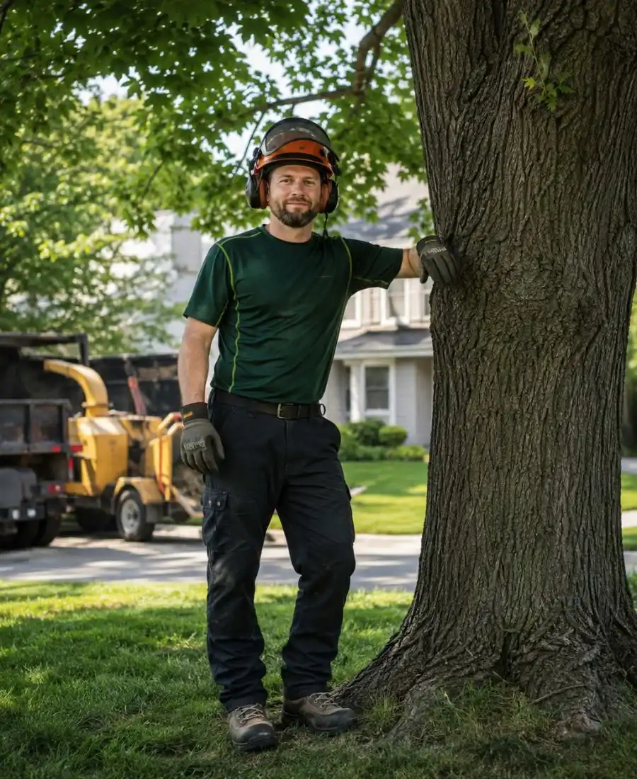 Tree service crew trimming a mature tree near a home