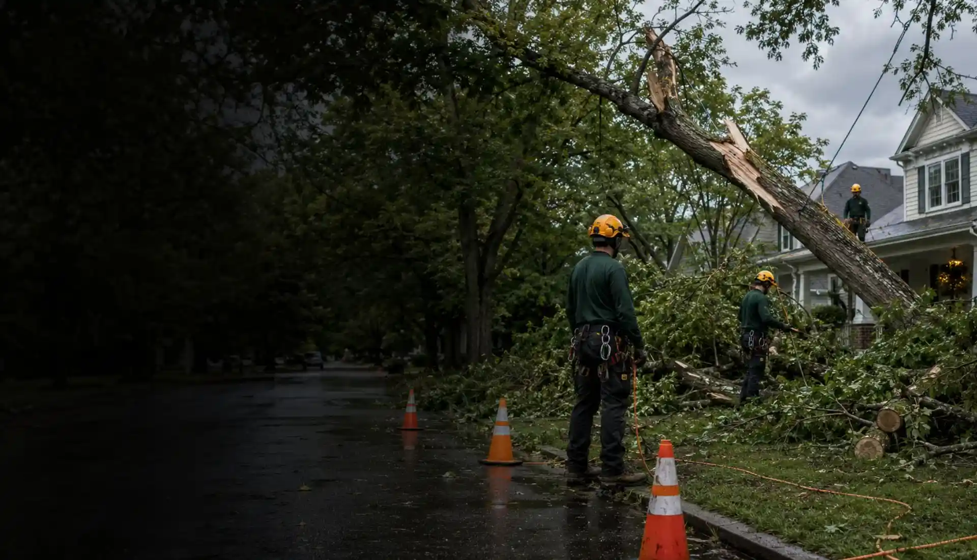 Arborist working on a damaged tree in winter conditions