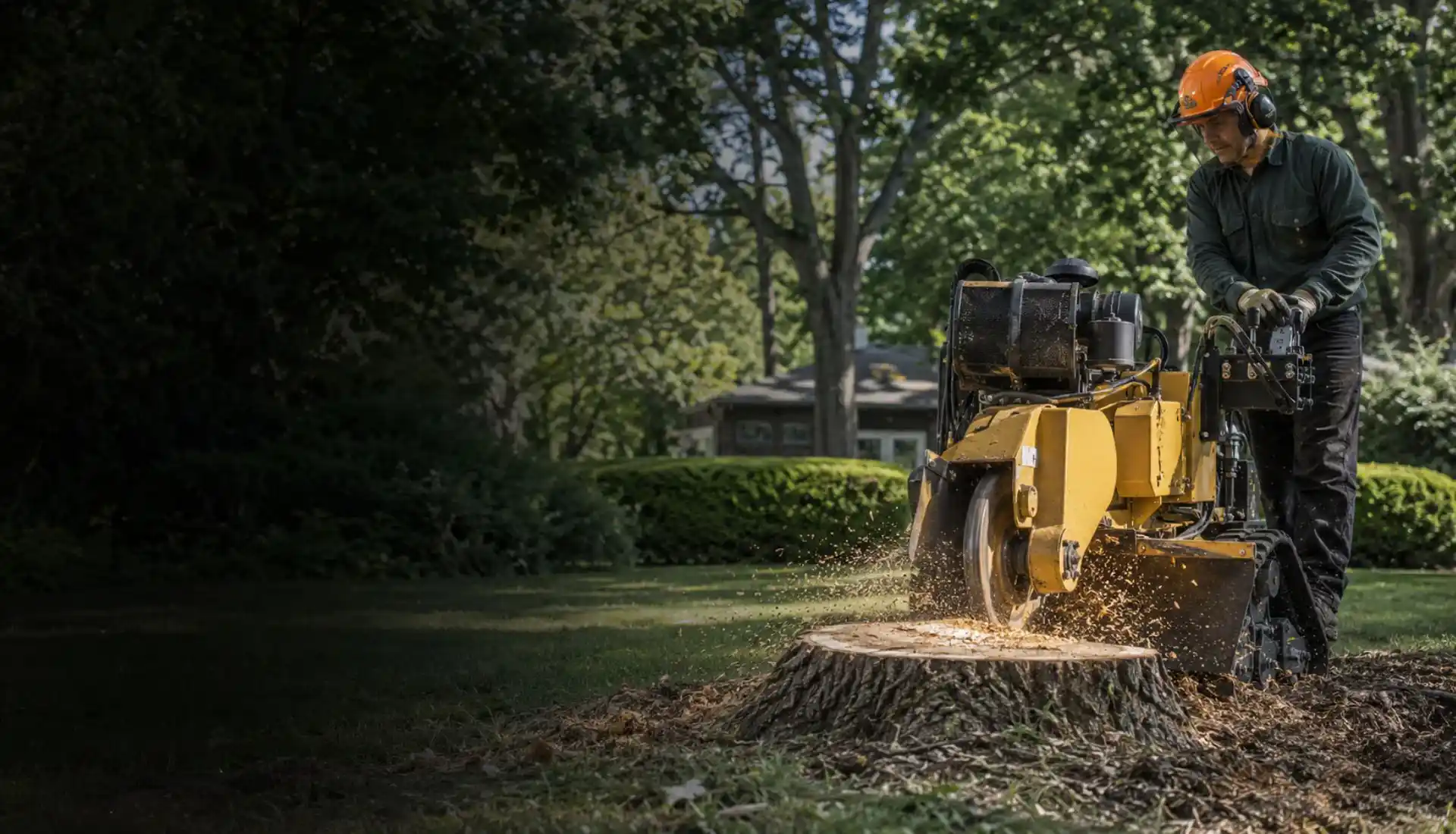 Tree service professional operating a stump grinder