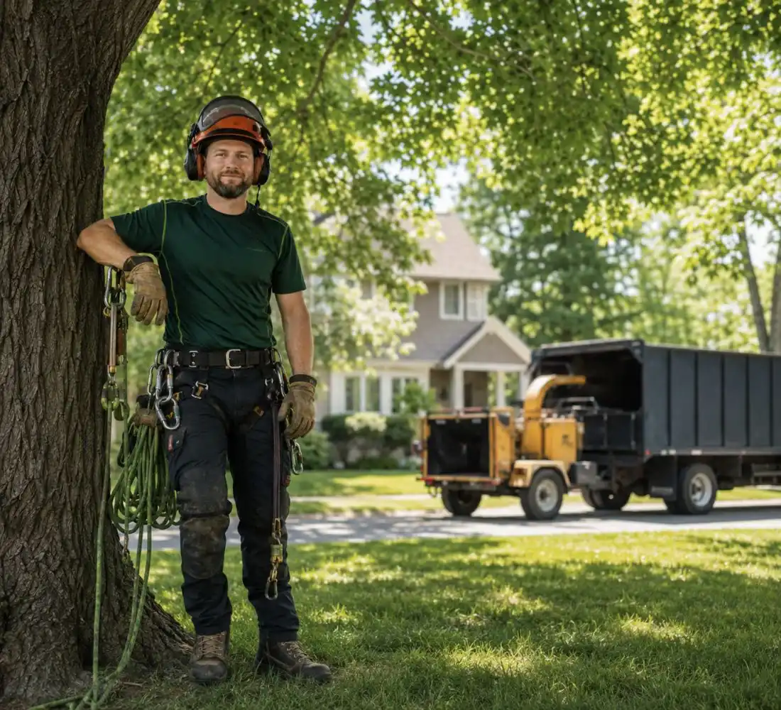 Professional tree service crew and equipment